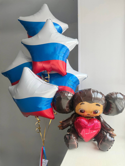 Воздушные гелиевые шарики с доставкой по Хабаровску Чебурашка/триколор №4561