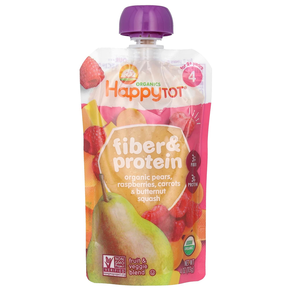 Happy Family Organics, Happy Tot®, клетчатка и протеин, для детей от 2 лет, органические груши, малина, морковь и мускатная тыква, 113 г (4 унции)