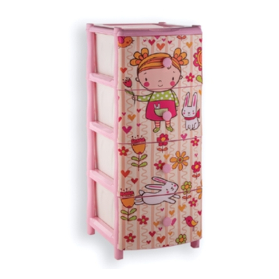 Комод "Элластик" 4 ящика с рисунком на фасаде "Девочка", ножки на колесиках