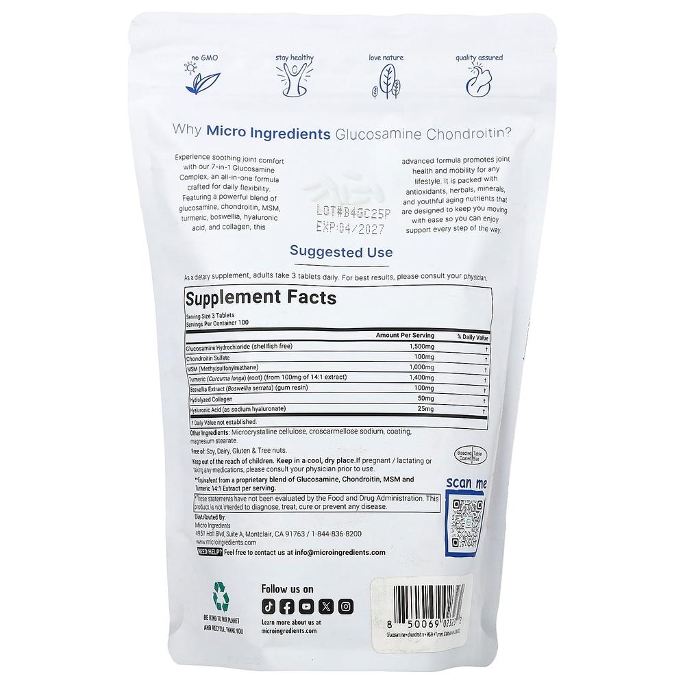 Micro Ingredients, глюкозамин и хондроитин, МСМ и куркума, 300 разделенных на части таблеток