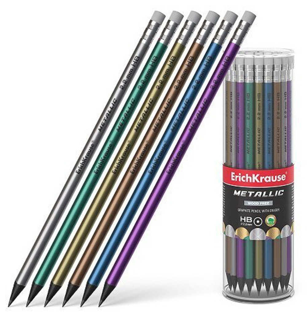 Карандаш чернографитный ErichKrause JOY Metalli HB, с ластиком, пластиковый, круглый, ассорти
