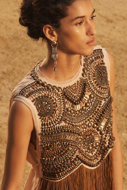 ZARA ТОП С ВЫШИВКОЙ И БАХРОМОЙ, ЦВЕТ ВЕРБЛЮЖЬЕЙ ШЕРСТИ