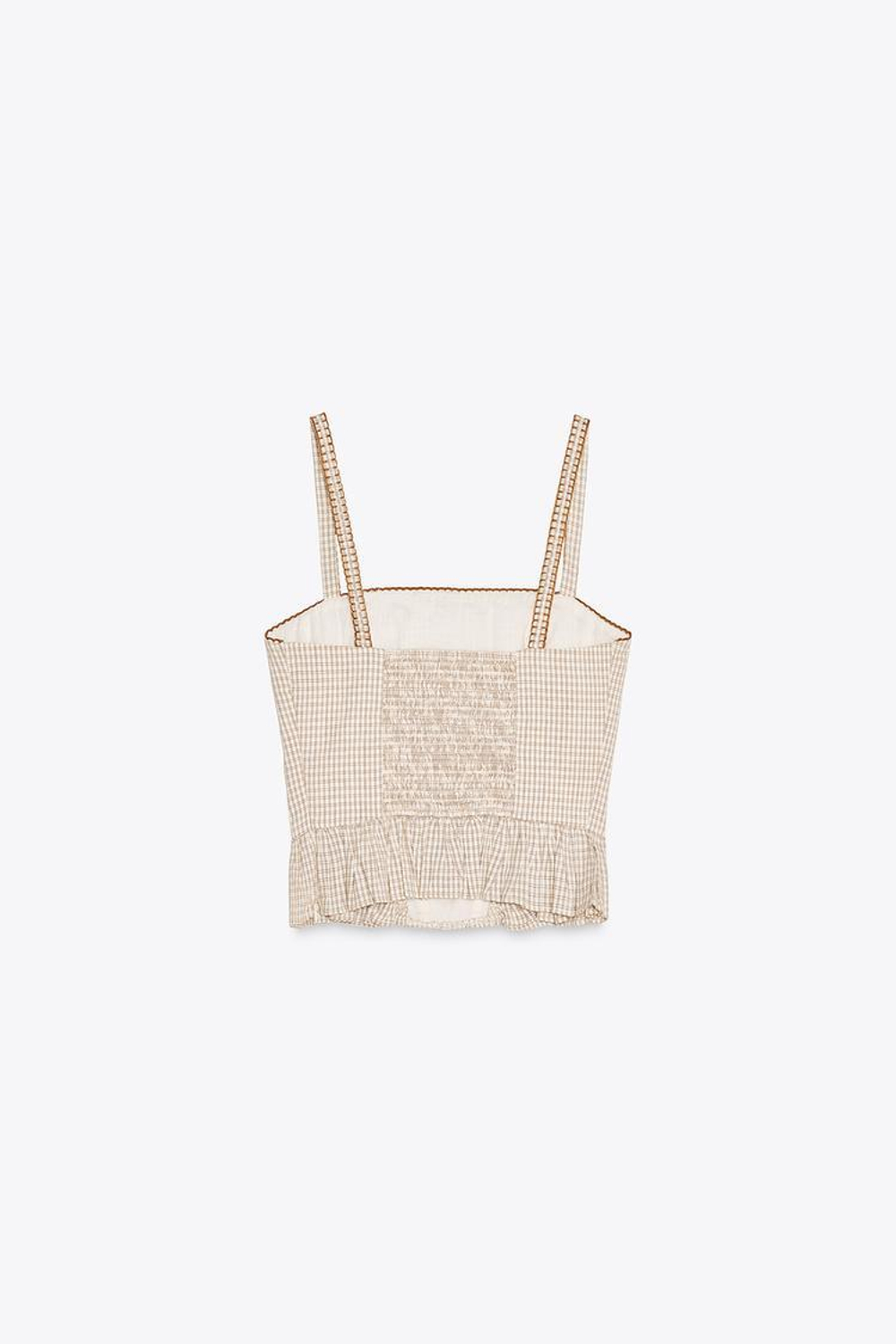 ZARA ТОП В КЛЕТКУ С ВОЛАНАМИ, КОРИЧНЕВЫЙ/ЭКРЮ