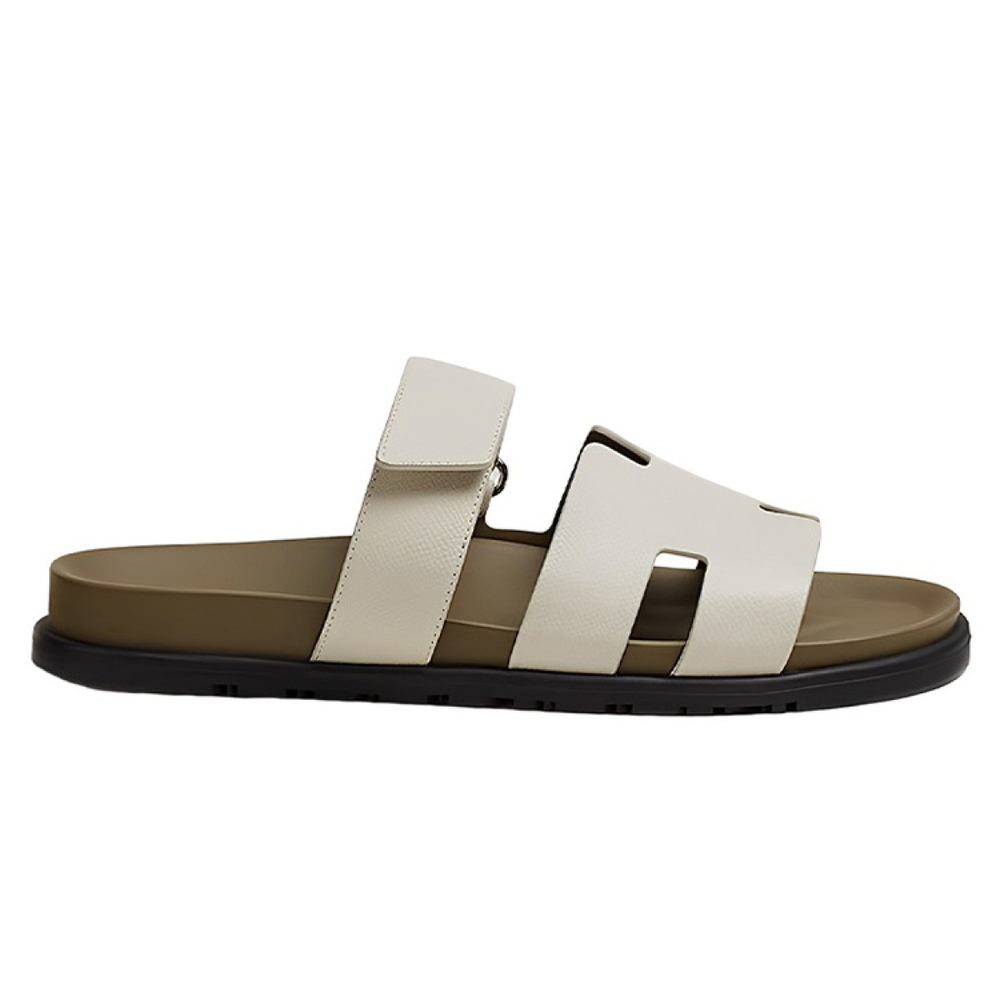 Hermes leather flat-bottomed fashion sandals men's white, H222857Z HBT