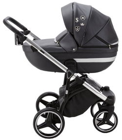 Детская коляска Adamex Cortina Deluxe 3 в 1 CT334 (ЧЕРН.КОЖА+СЕРЕБ.ОТДЕЛКА+ ХРОМ РАМА)