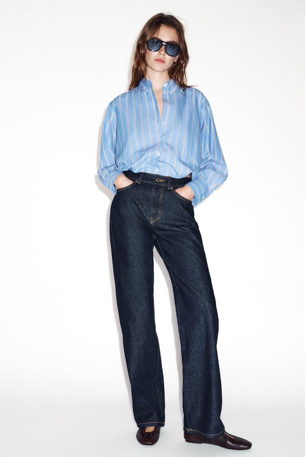 ZARA РУБАШКА GLOBO В ПОЛОСКУ, СИНИЙ/БЕЛЫЙ