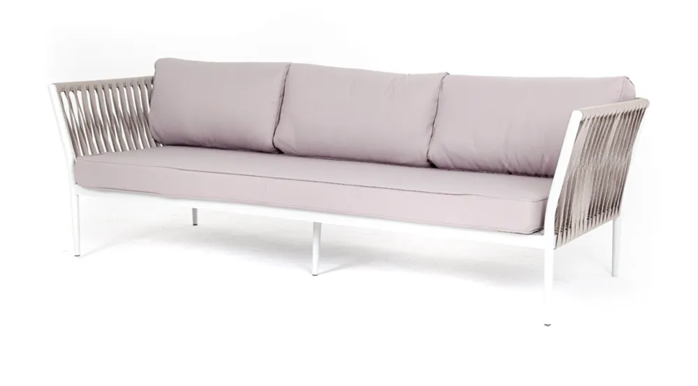 "Касабланка" диван 3-местный плетеный из роупа, каркас алюминий светло-серый (RAL7035) шагрень, роуп серо-коричневый 23мм, ткань бежевая 052