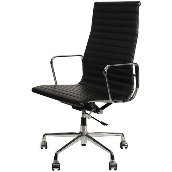 Культовое офисное кресло Eames Ribbed EA 119 из черной кожи с хромированным каркасом | Купить в Hallberg.ru