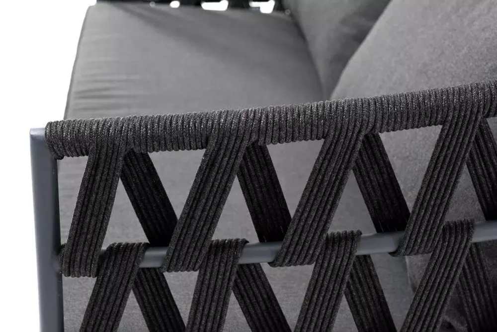"Диего" диван 2-местный плетеный из роупа, каркас алюминий темно-серый (RAL7024) муар, роуп темно-серый круглый, ткань темно-серая 027