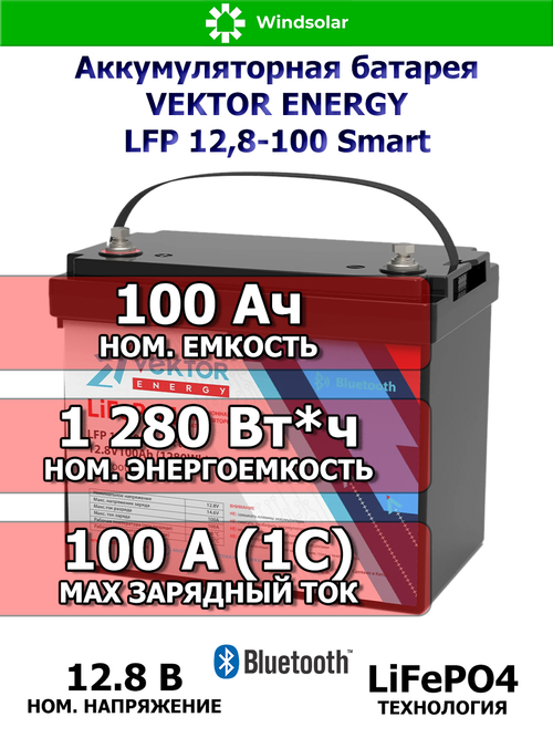 Аккумуляторная батарея VEKTOR ENERGY LFP 12,8-100 Smart (100Ah / 12,8V / 1280Wh / BMS / BT 4.0 / LiFePO4)