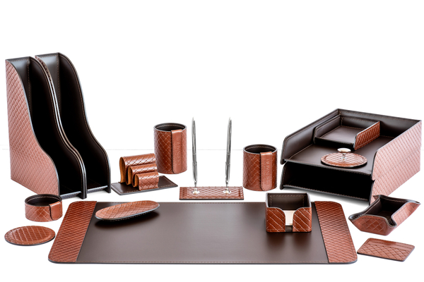 Премиум канцелярский набор Гранд из кожи FG Tan treccia/шоколад 17 предметов