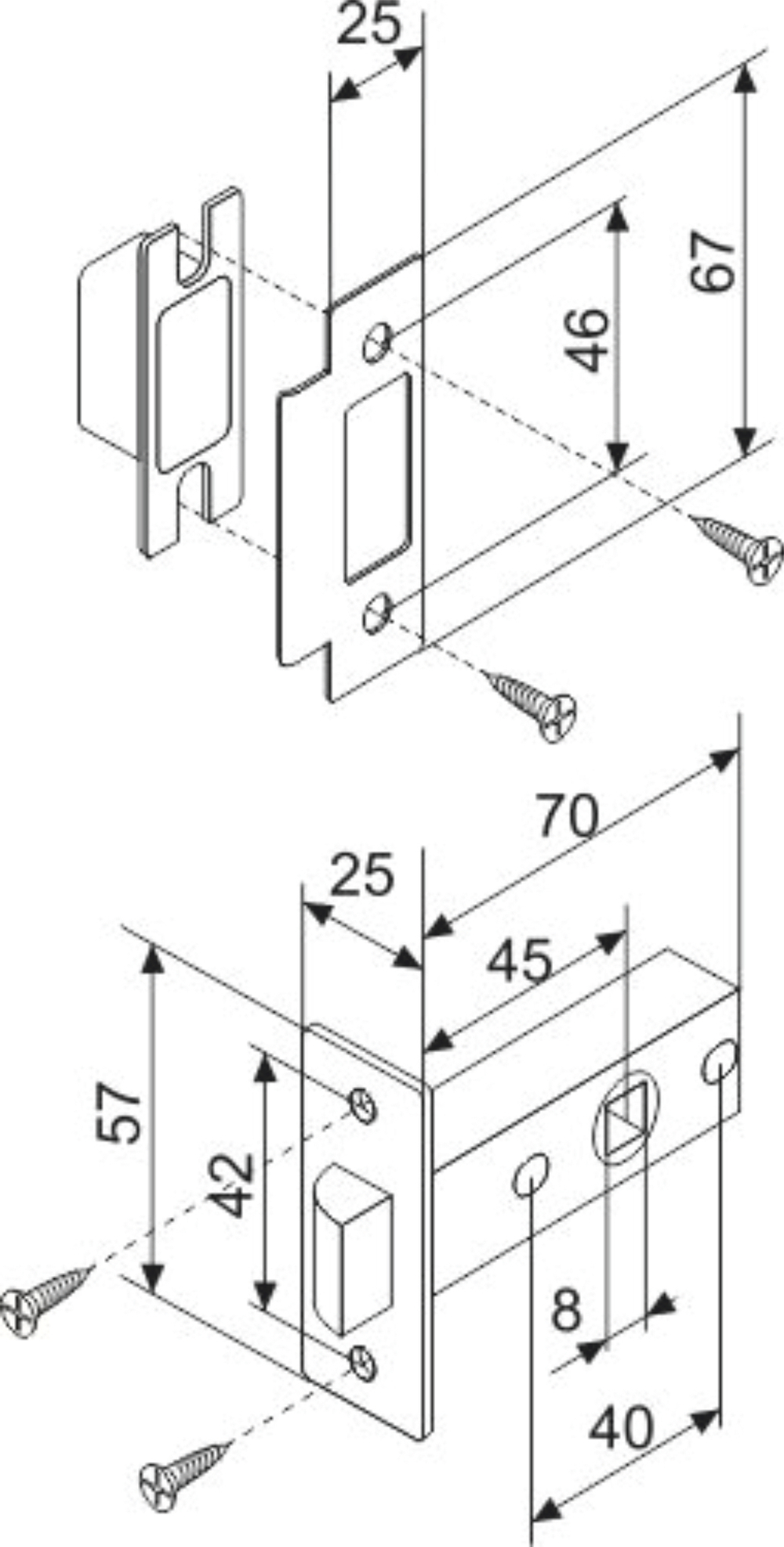 Защелка врезная F12-45-25 CP