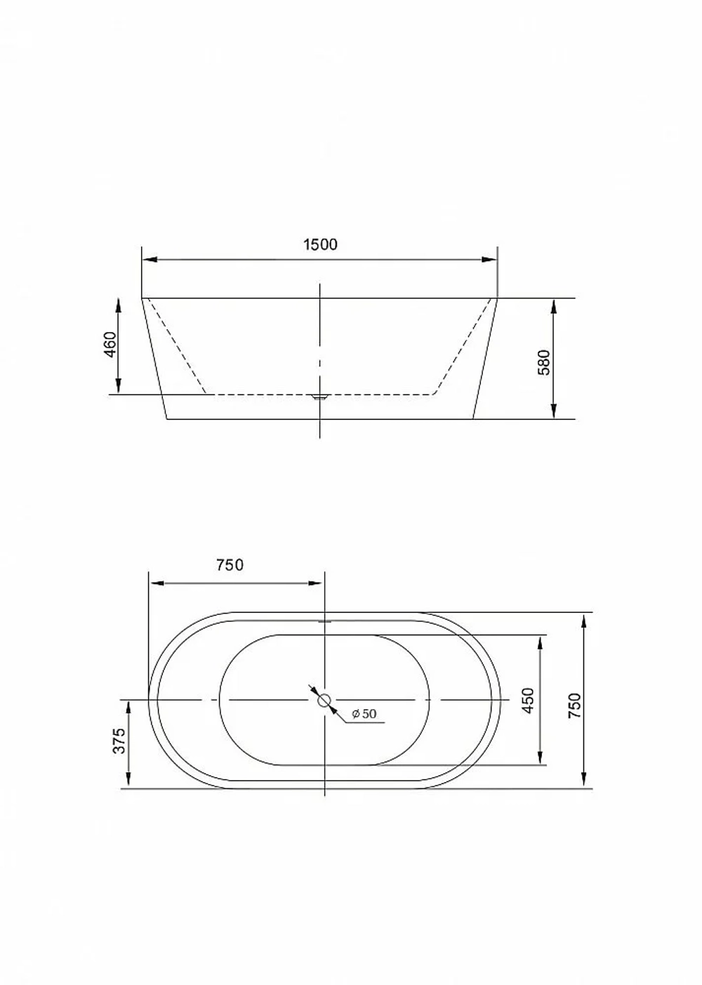 Ванна акриловая Art&Max AM-203-1500-750 белая