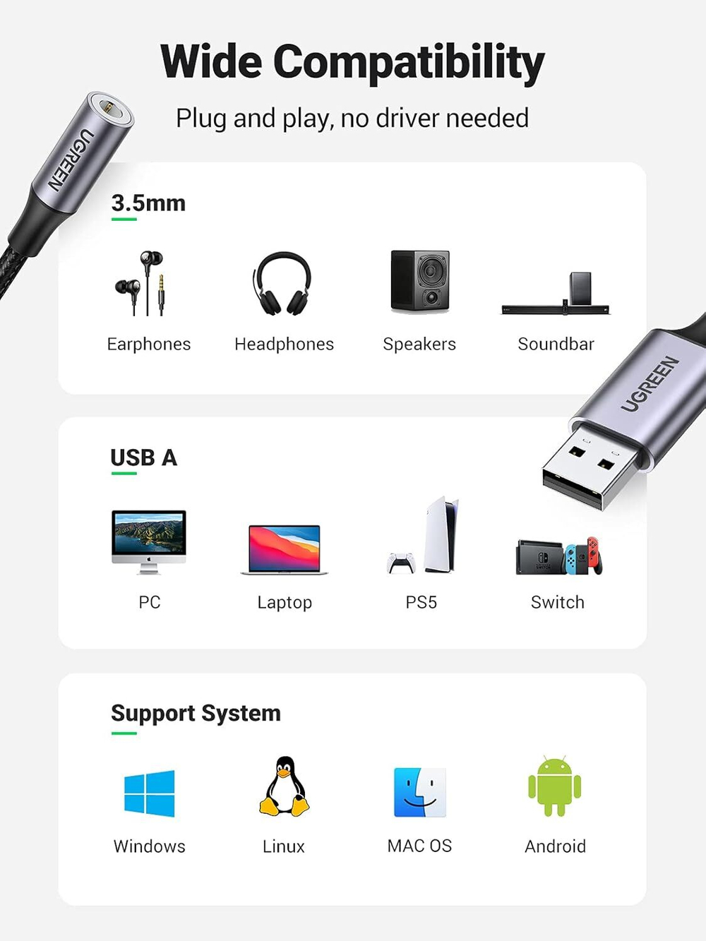 Кабель USB 2.0 на Audio 3.5mm, Mic & Ear, 4-pol OMTP/CTIA, UGREEN 30757
