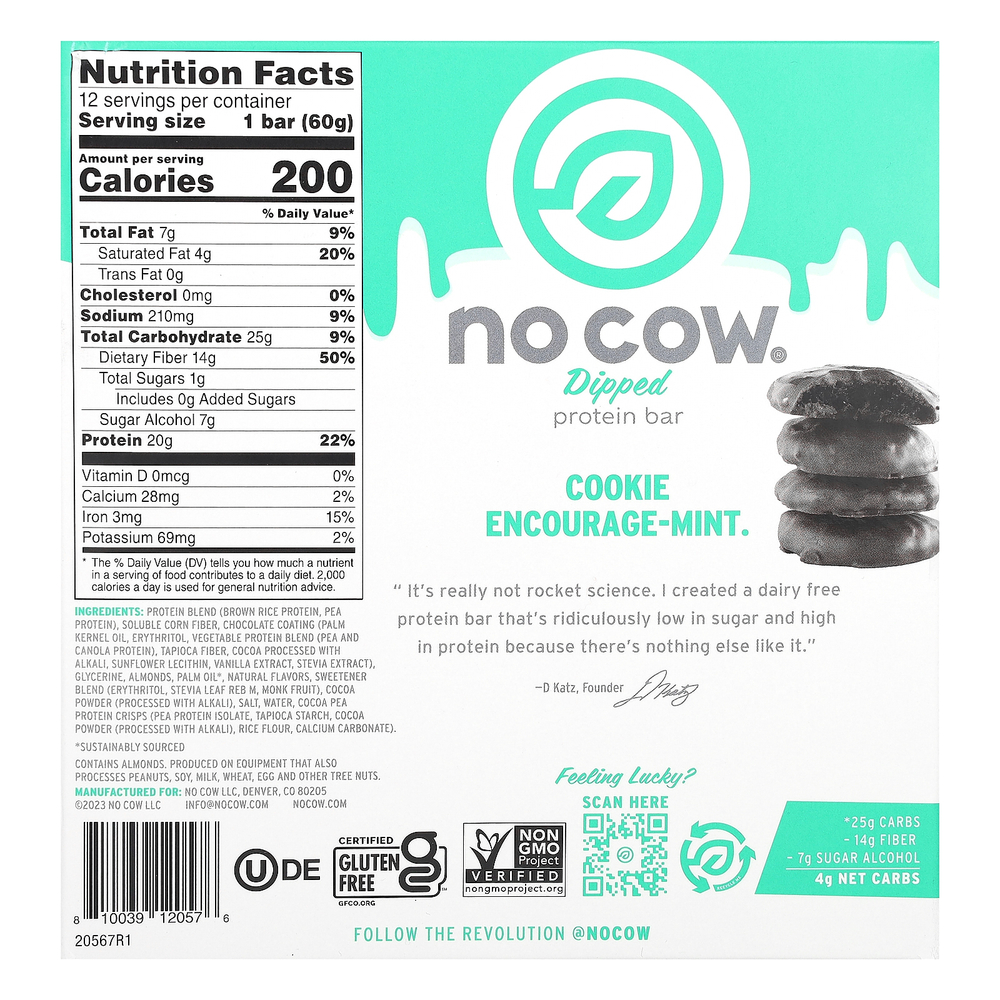 No Cow, протеиновый батончик в глазури, со вкусом шоколадно-мятного печенья, 12 шт. по 60 г (2,12 унции)