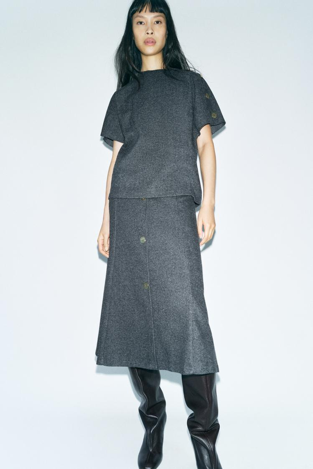 ZARA ТОП ИЗ МЯГКОЙ ТКАНИ С ПУГОВИЦАМИ, СЕРЫЙ С МЕЛАНЖЕВЫМ ЭФФЕКТОМ