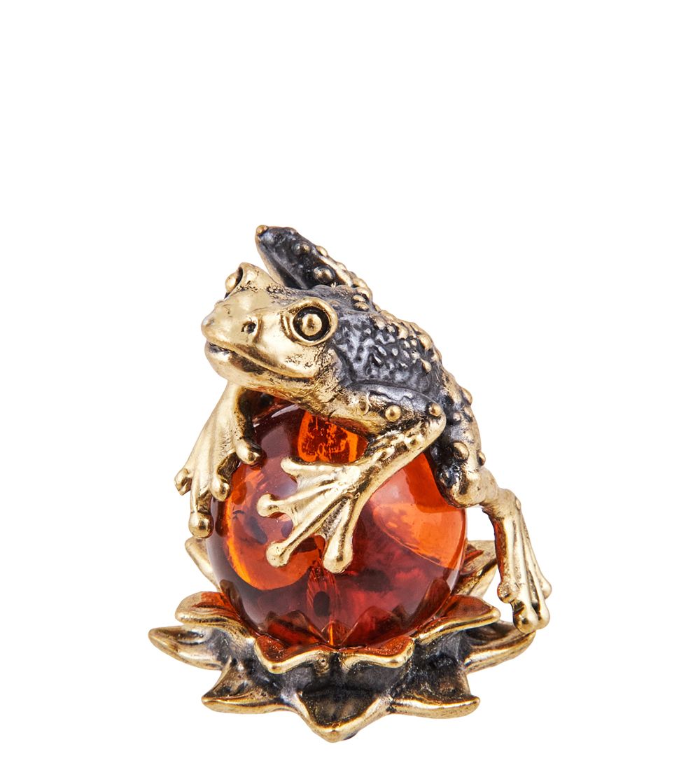 Народные промыслы AM-3690 Фигурка «Лягушка на лотосе» (латунь, янтарь)