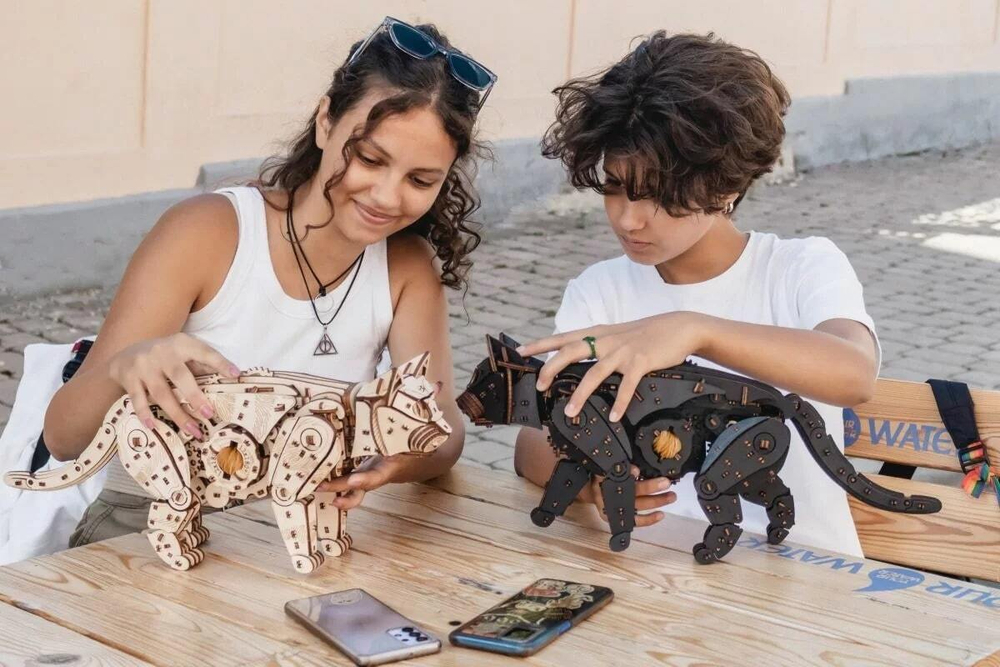 Механический Черный Кот от Eco Wood Art (EWA) - Деревянный конструктор, сборная механическая модель, 3D Пазл