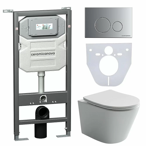 Унитаз подвесной Ceramica Nova Balearica CN6000_1001M_1000 безободковый, с крышкой микролифт, с инсталляцией и кнопкой матовый хром