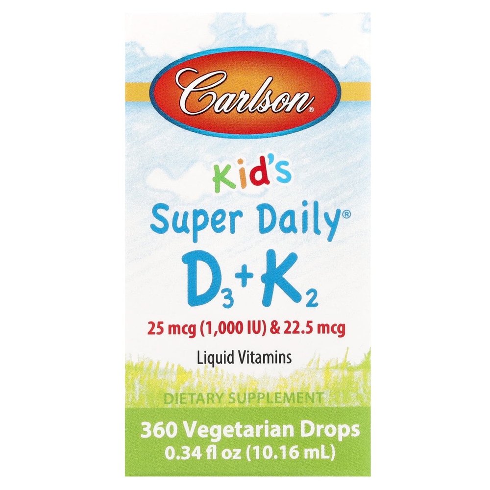 Carlson, Super Daily D3+K2 для детей, 25 мкг (1000 МЕ) и 22,5 мкг, 10,16 мл (0,34 жидк. унции)