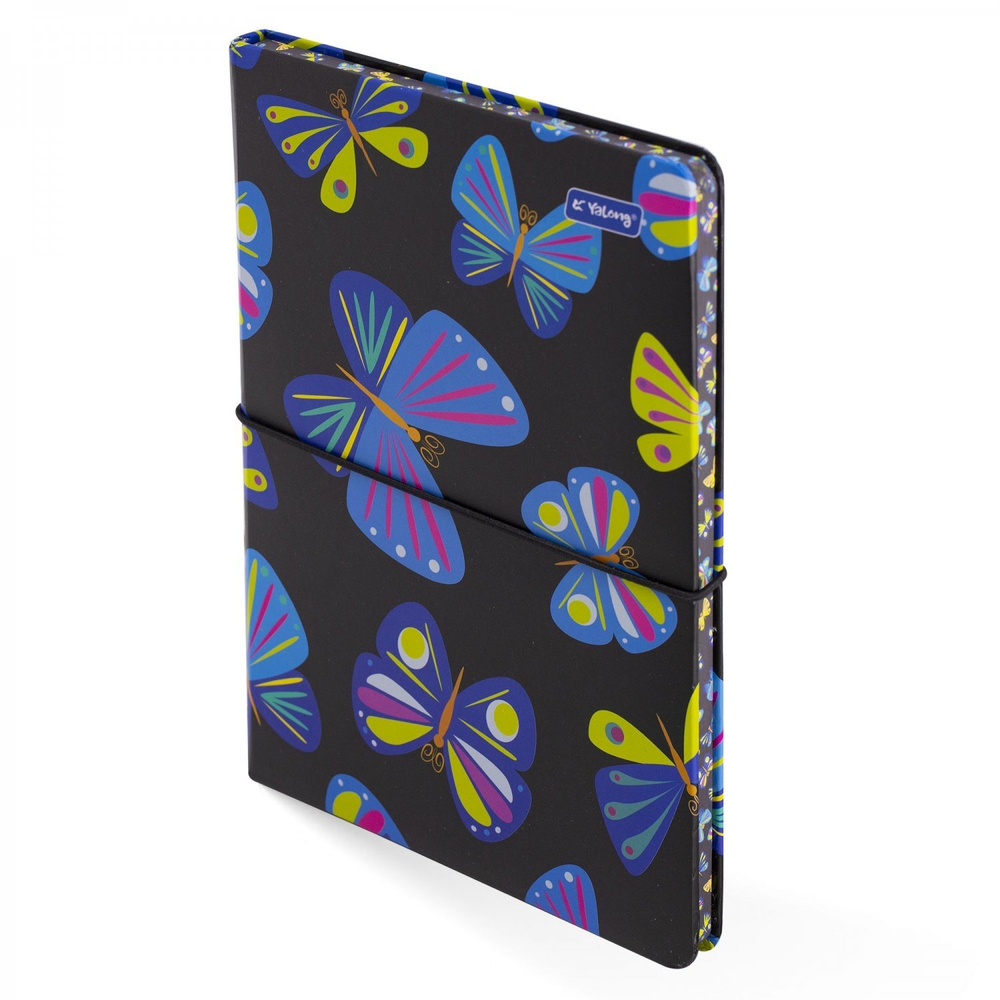 Записная книжка, А5, Yalong, 7БЦ, матовая ламинация, поролон, на резинке, клетка, цветной срез, 80 л., "Бабочки черном", ассорти