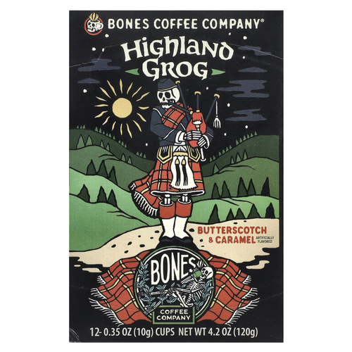 Bones Coffee Company, Highland Grog, кофейные чашки, ириска и карамель, 12 чашек по 10 г (0,35 унции)