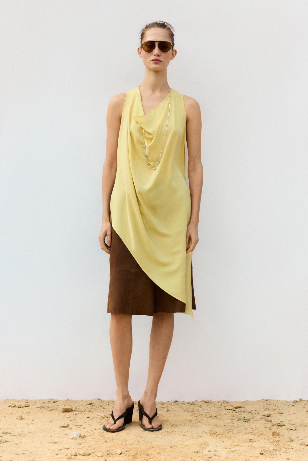 Massimo Dutti Удлиненный асимметричный топ свободного кроя, светло-желтый