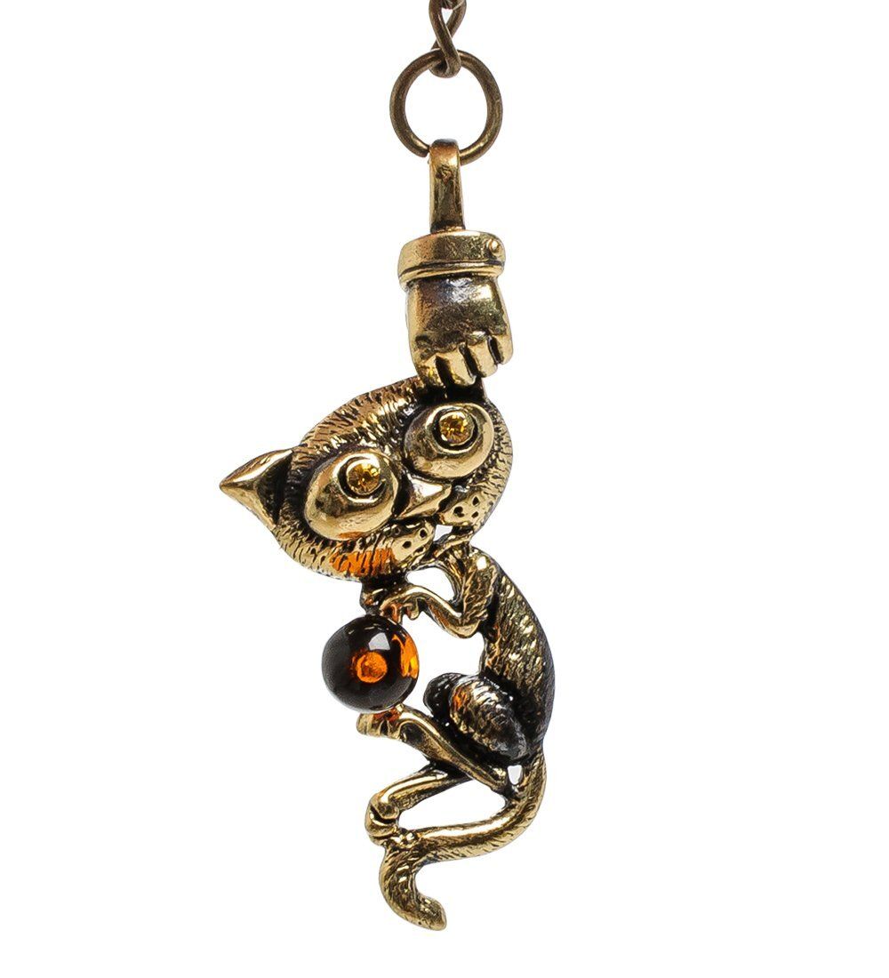 AM-1464 Брелок «Котенок Проказник» (латунь, янтарь)