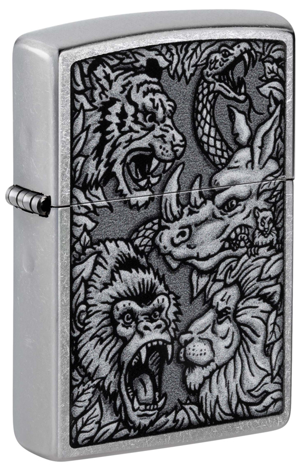 Зажигалка Zippo Jungle Design с покрытием Street Chrome, латунь/сталь, серебристая, 38x13x57 мм