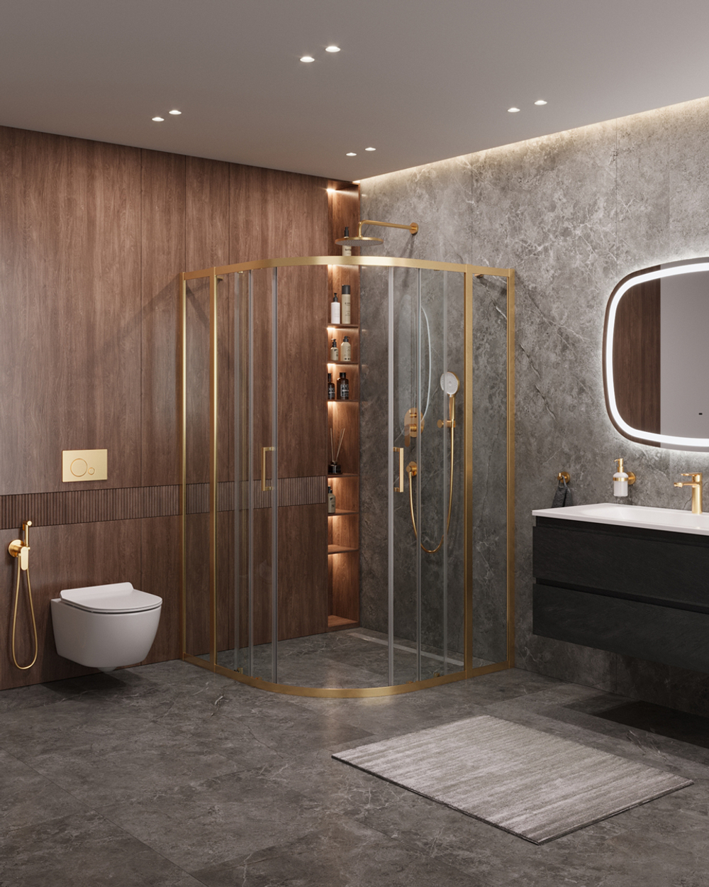 Душевой уголок Cezares MOLVENO-R-22-90+30-C-BORO-IV, 120х120х195, профиль брашированное золото, прозрачное стекло