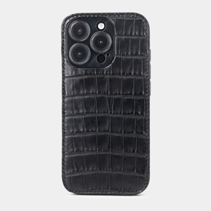 Чехол-накладка кожаная для iPhone 16 Pro, аллигатор черного цвета
