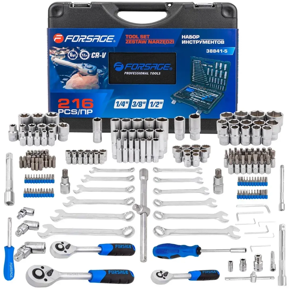 Набор инструментов 216пр. 1/4'', 3/8'', 1/2''(6гр.)(4-32мм)(NEW) Forsage F-38841(38841-5)