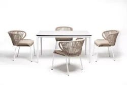 "Малага" обеденная группа на 4 персоны со стульями "Милан", каркас белый, роуп бежевый