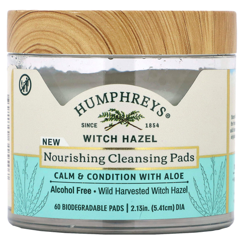 Humphreys, Witch Hazel, питательные очищающие салфетки, без спирта, 60 биоразлагаемых салфеток