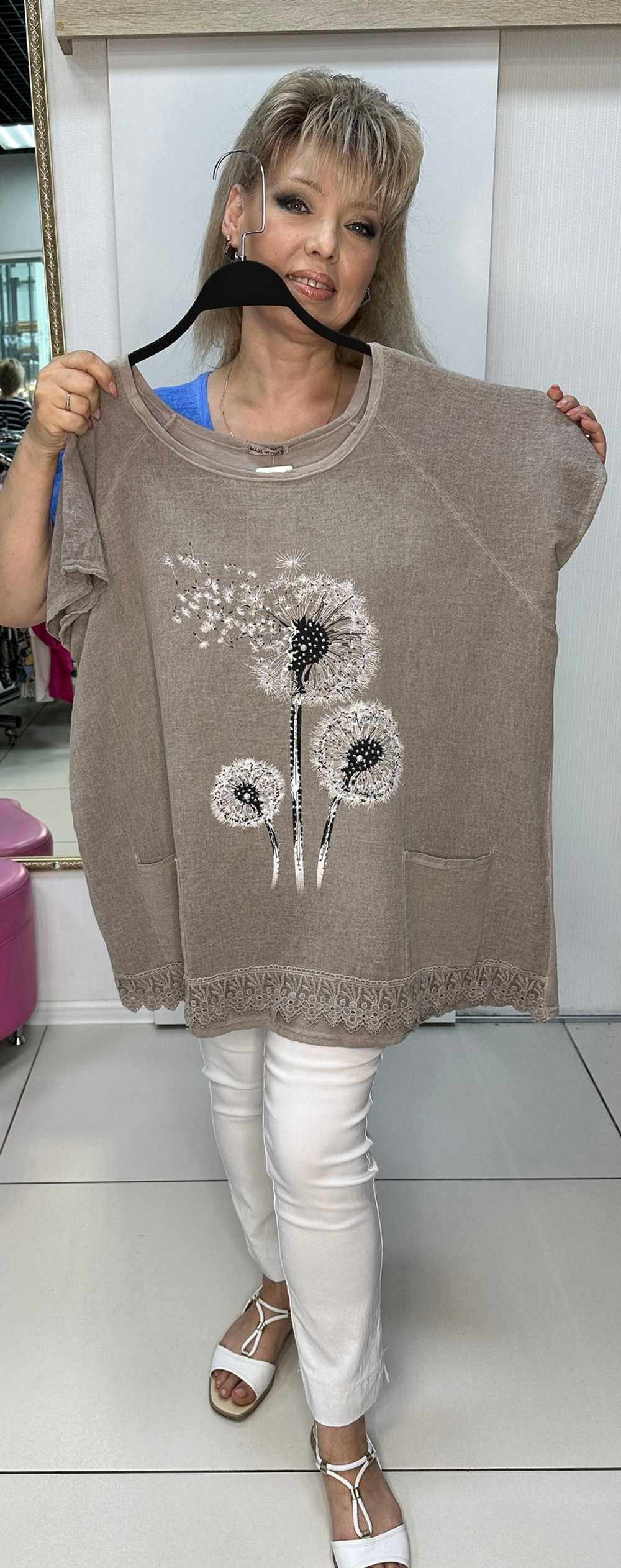 Комбинированная футболка-туника с изображением одуванчиков