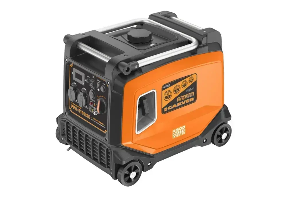 Генератор бензиновый Carver PPG-5100ISE инверторный (4.5 кВт, 230В, бак 11л, двигатель 236 куб.см, электростартер, DOUBLE USB QC 2.0. 3.0, дисплей, рукоятки + колеса) / бензогенератор / электростанция