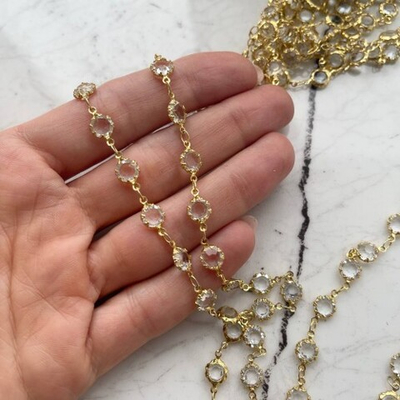 0731 Цепь с ювелирным стеклом, позолота, 7мм, 1м