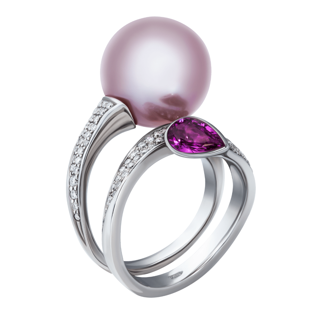 Кольцо с розовым жемчугом, сапфирами и бриллиантами, R0008-0/8