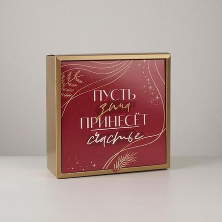 Коробка складная одиночная Квадрат «Пусть зима принесет счастье», 25*25*10 см, 1 шт.