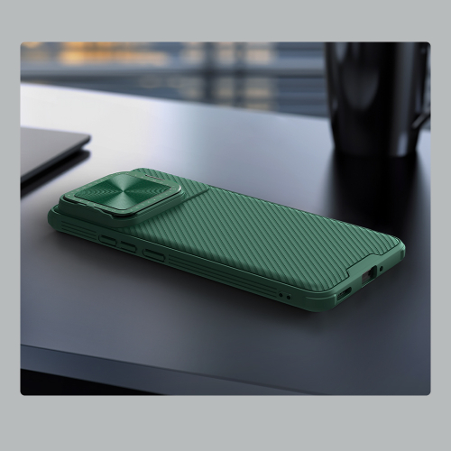 Чехол зеленого цвета (Deep Green) от Nillkin с металлической откидной крышкой для камеры на Xiaomi Poco F6 Pro, серия CamShield Prop Case