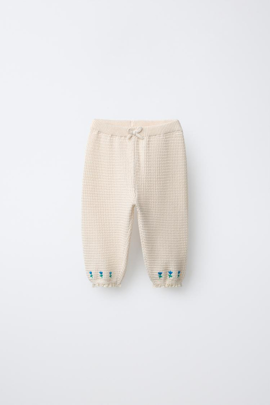 ZARA БРЮКИ С ВЫШИТЫМИ ЦВЕТАМИ И КРУЖЕВОМ, ЭКРЮ