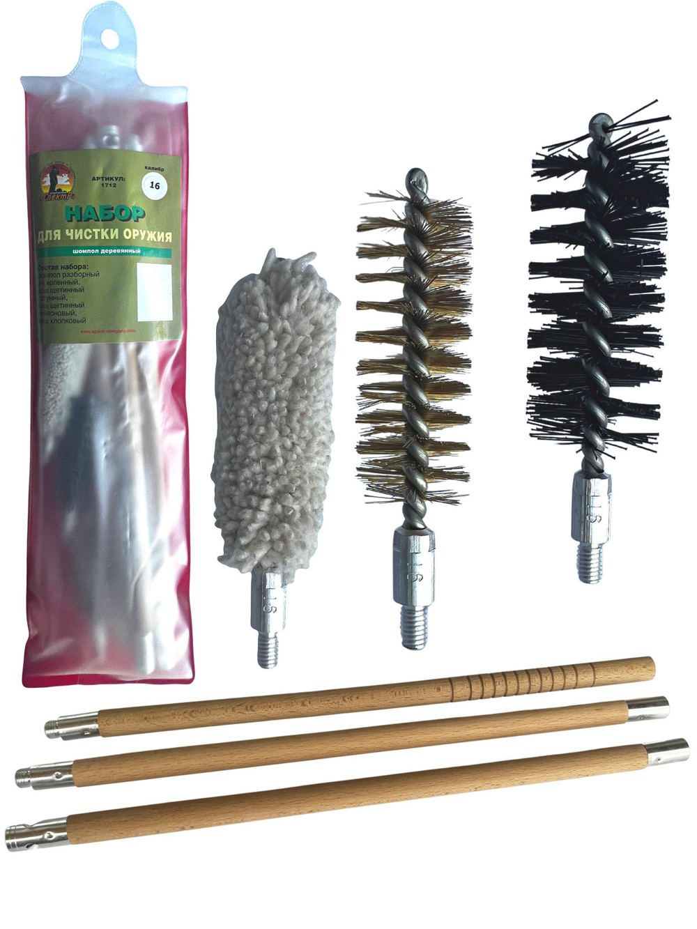 Набор для чистки оружия 16 калибра в БЛИСТЕРЕ, с металлическим 7мм шомполом в оплетке.