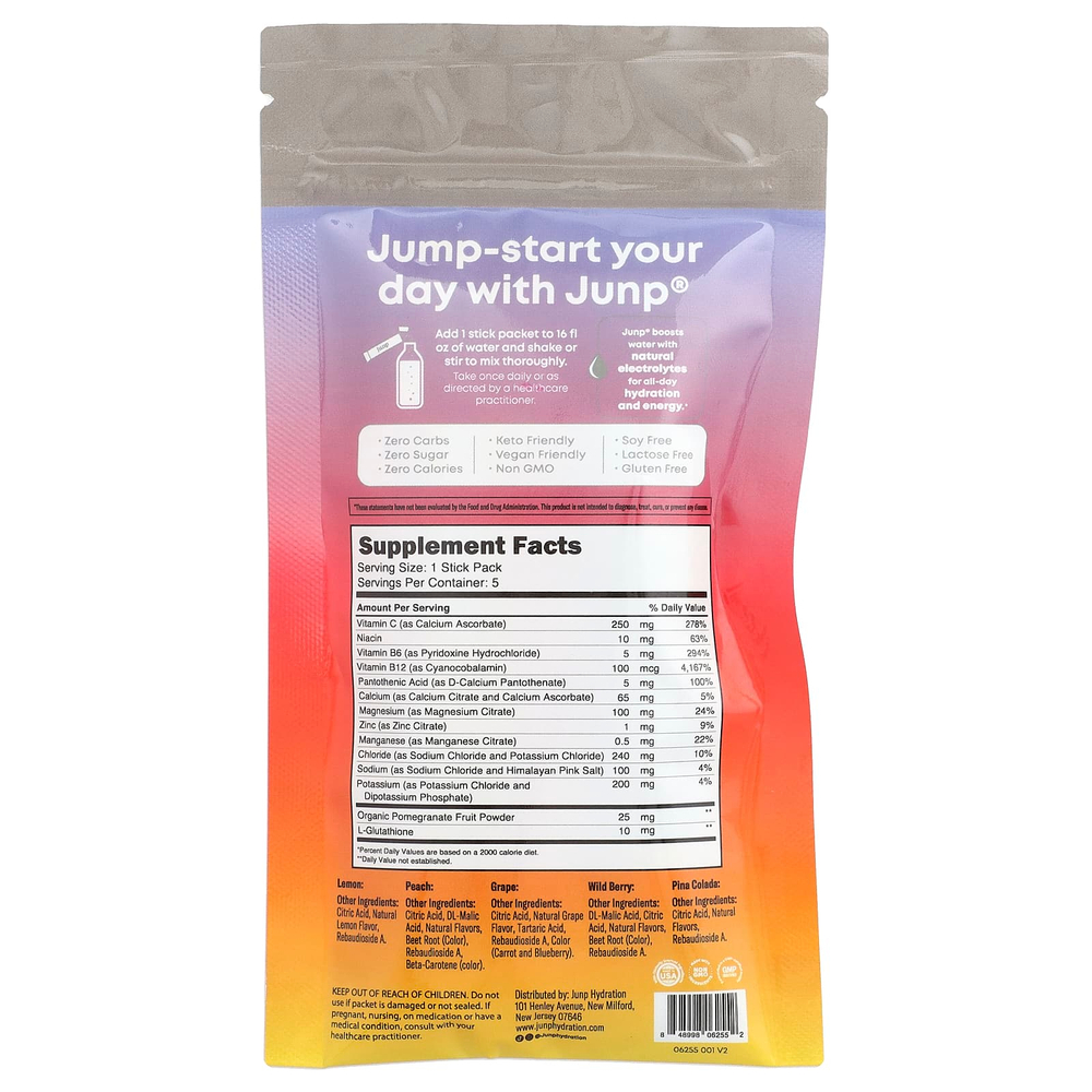 JUNP Hydration, электролитная порошковая смесь, ассорти вкусов, 5 пакетиков-стиков, 18,9 г (0,67 унции)