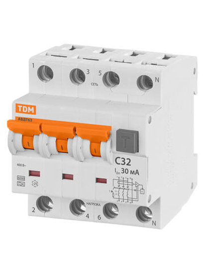 АВДТ 63 4P(3Р+N) C32 30мА 6кА тип А - Автоматический Выключатель Дифференциального тока TDM