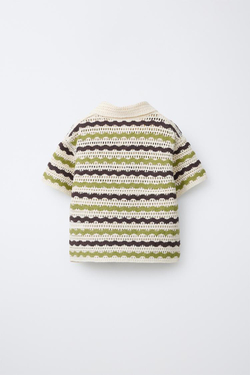 ZARA РУБАШКА ИЗ КРУЖЕВА КРОШЕ С ПРИНТОМ «ЗИГЗАГ», ЭКРЮ/ЗЕЛЕНЫЙ