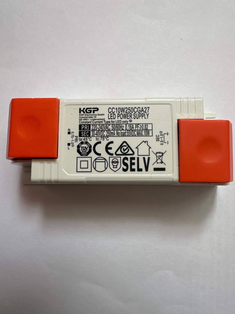 Блок питания KGP Electronics GmbH CC10W250CGA1 с постоянным током 250mA для мощных светодиодов KGP CC12W250CGA1, 250mA, 30-48VDC