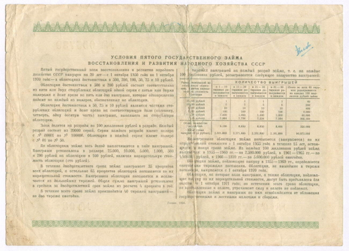 Облигация 100 рублей 1950 год. 5-ый заем восстановления и развития народного хозяйства. Серия № 095739. VG (подпись)