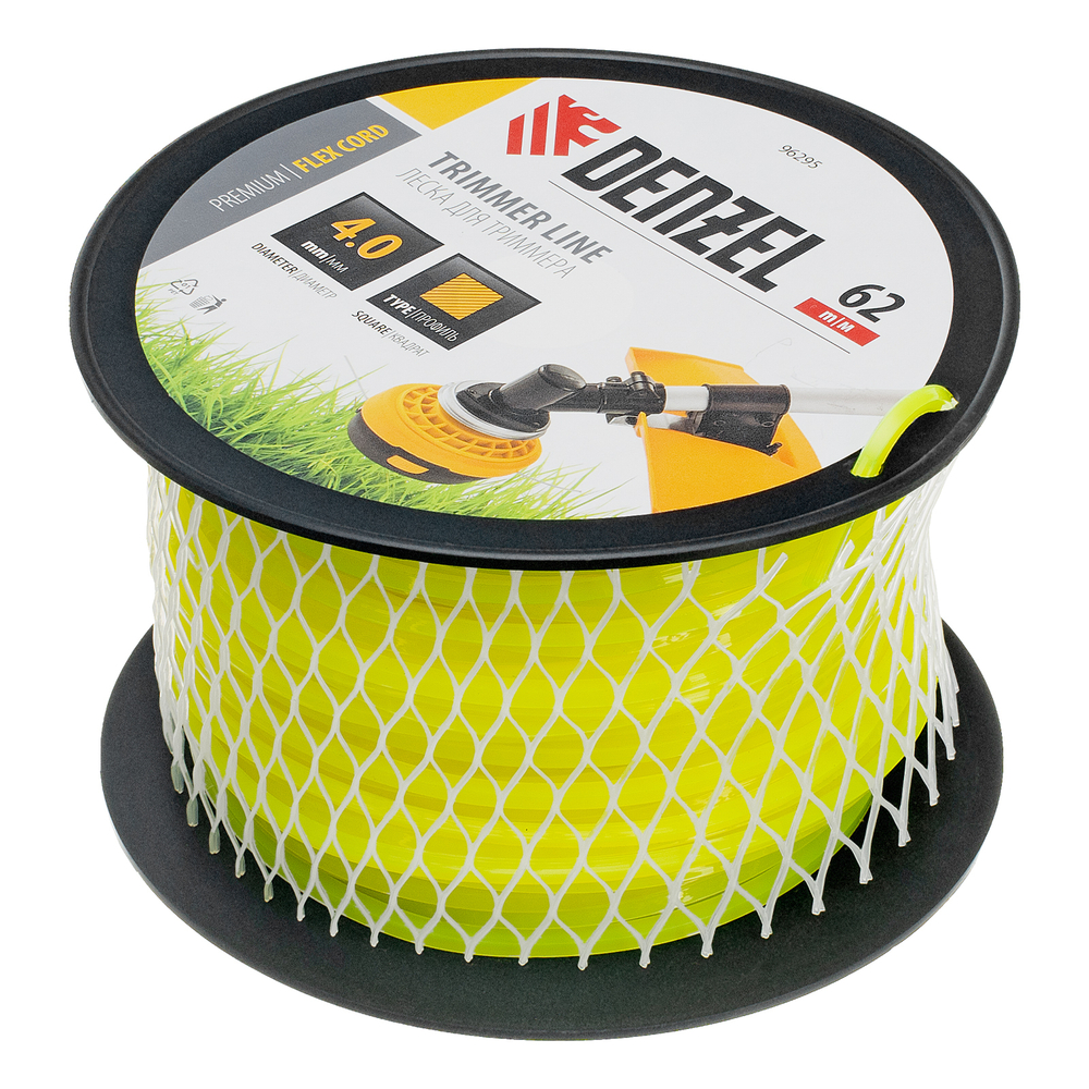 Леска для триммера квадрат, 4,0мм х 62м, на DIN катушке FLEX CORD Denzel