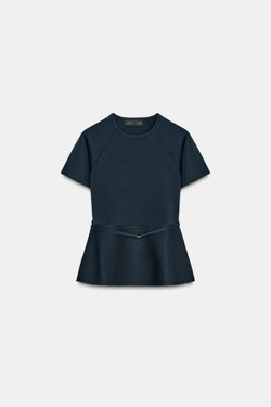 ZARA ТРИКОТАЖНЫЙ ТОП С БАСКОЙ И ПОЯСОМ, МОСРКОЙ СИНИЙ