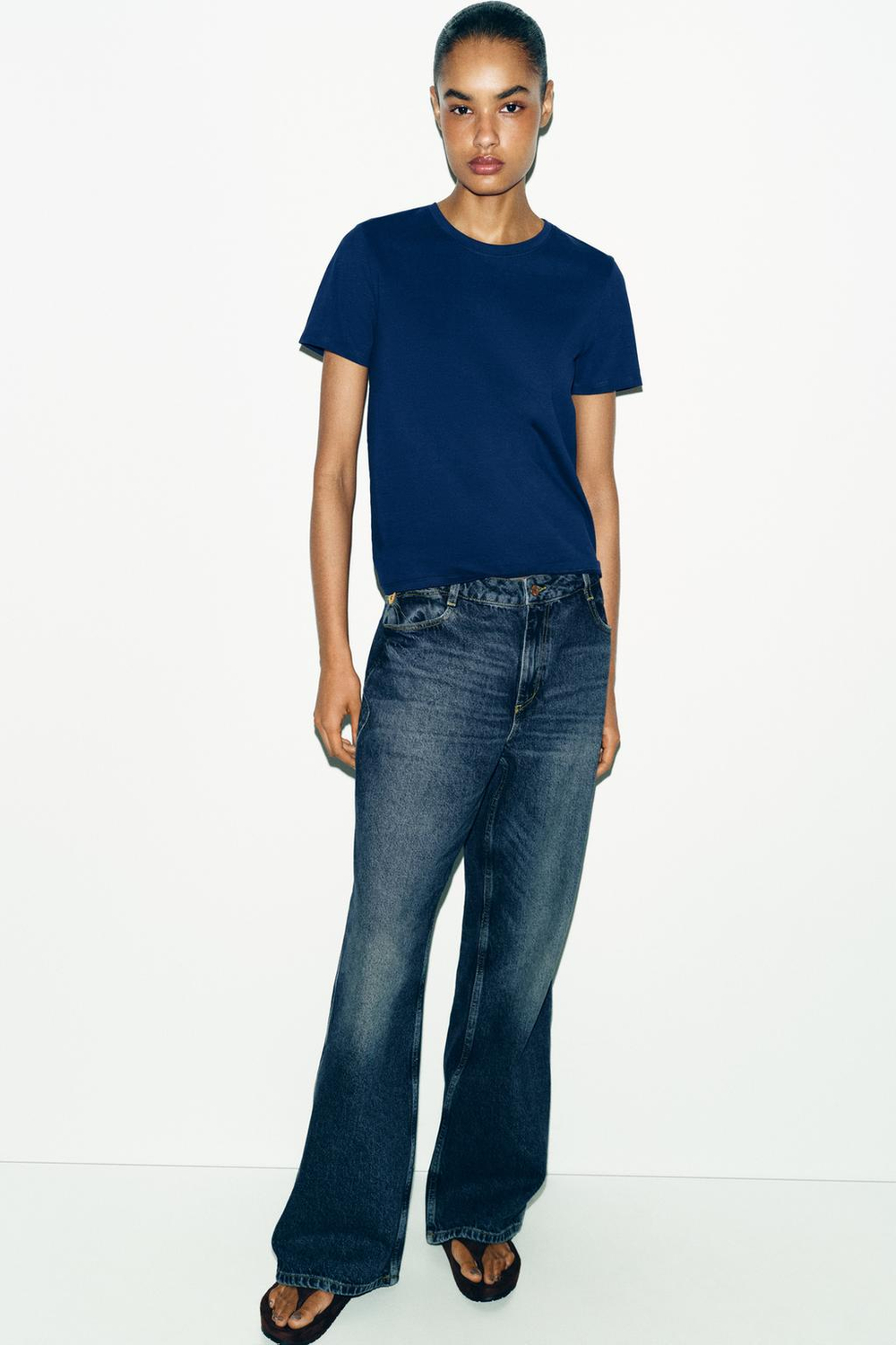 ZARA ХЛОПКОВАЯ ФУТБОЛКА В СТИЛЕ РУСТИК, МОРСКОЙ СИНИЙ